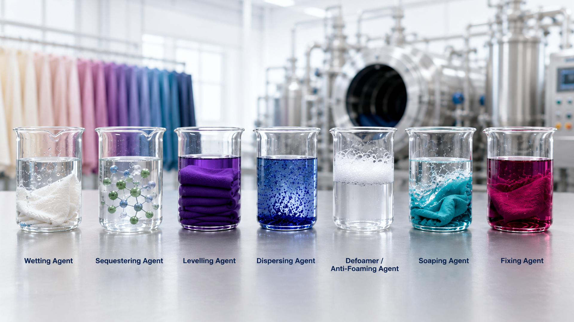 Types of textile dyeing auxiliaries showing wetting agent, sequestering agent, levelling agent, dispersing agent, defoamer, soaping agent and fixing agent