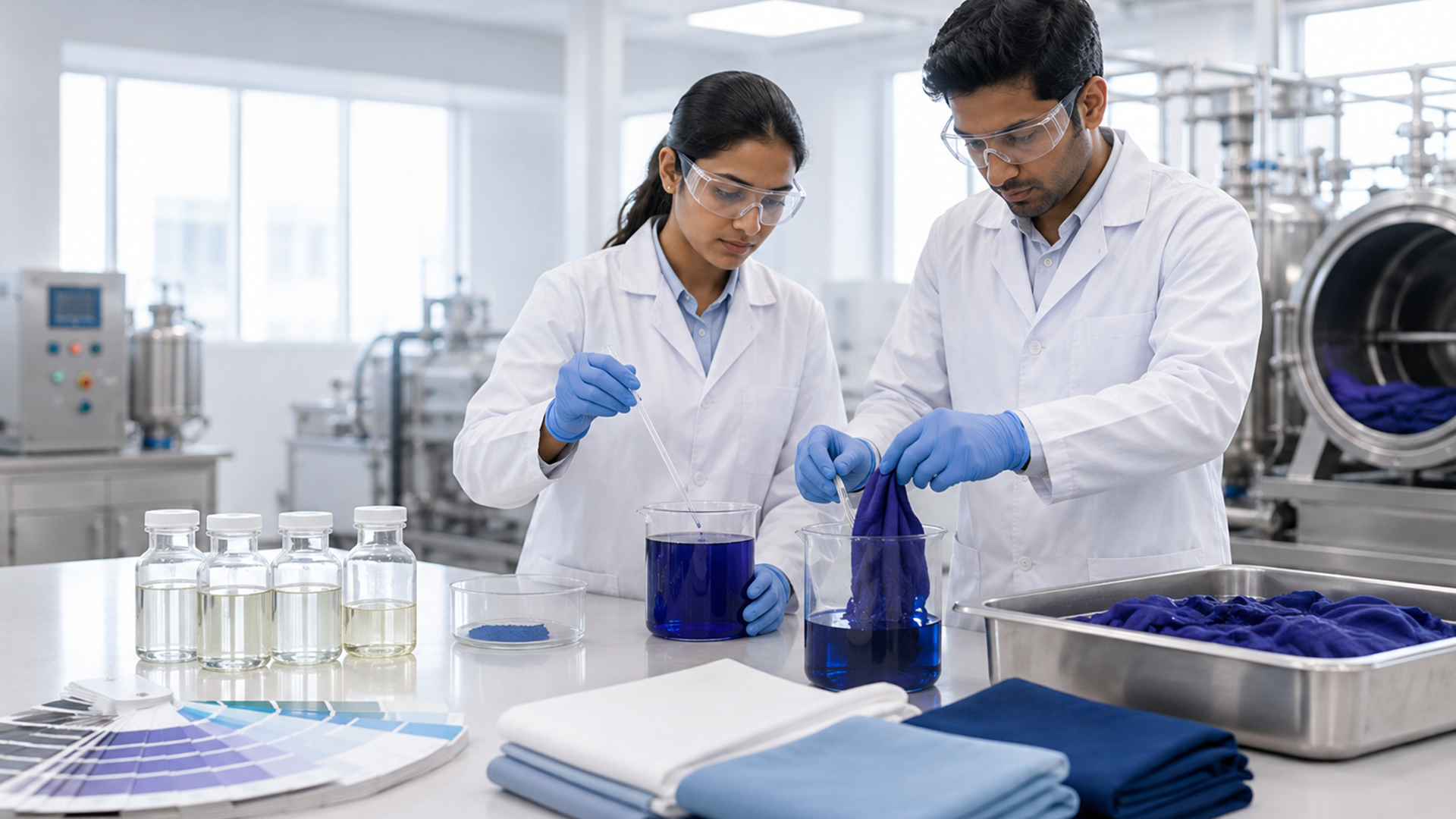 Textile dyeing auxiliaries lab with colored dye solutions and dyed yarn spools in neochem chemical manufacturing facility